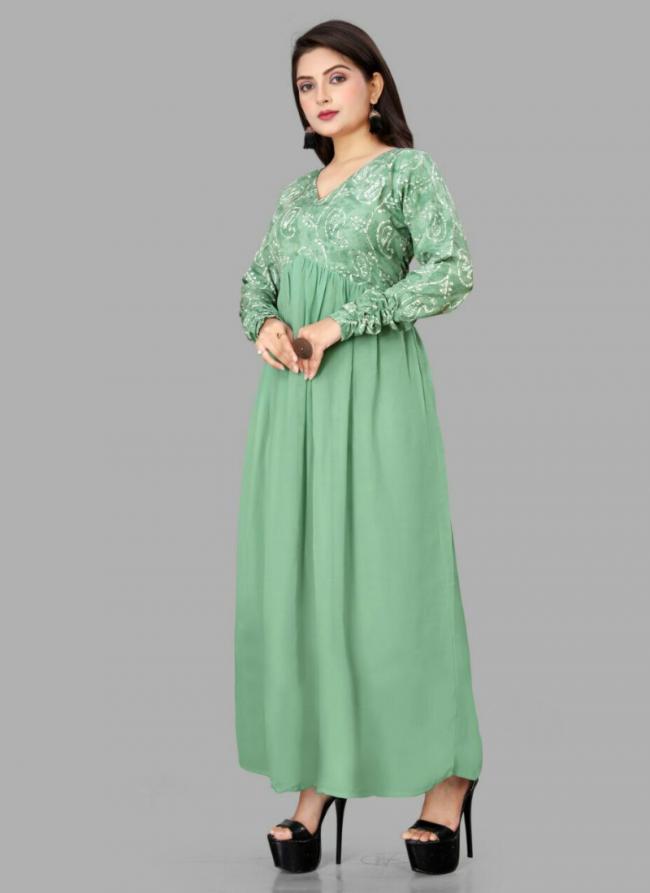 Georgette Green Casual Wear Printed Readymade Gown